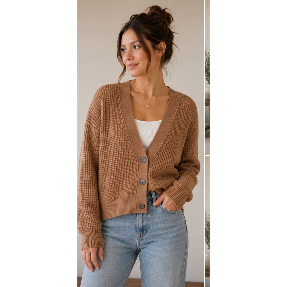 Banana Republic Waffle Knit Cardigan Brown Wool Blend V-Neck Sweater 669721-02